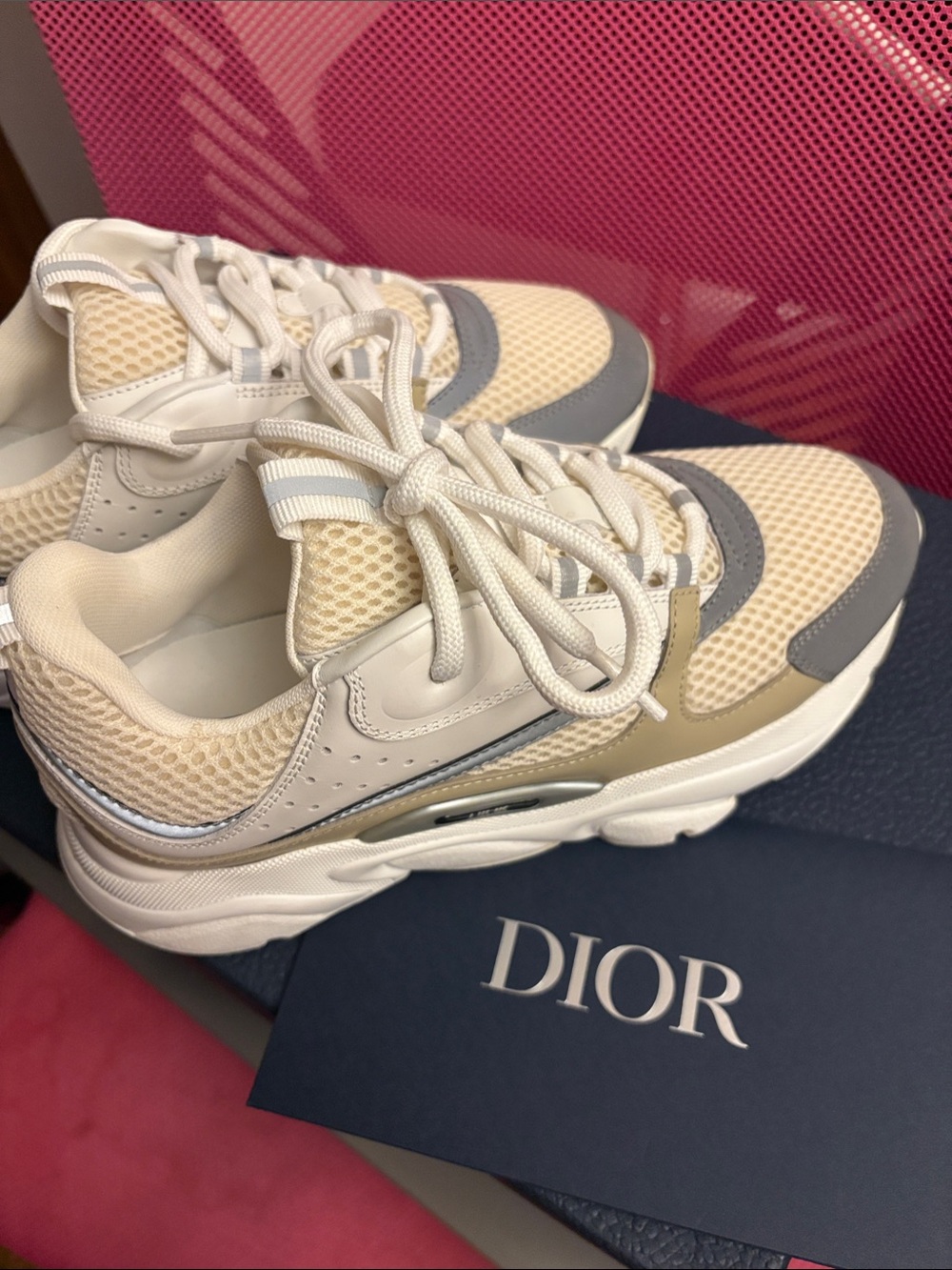 Dior Cream, Beige & Gray Mesh Chunky Sole Sneakers